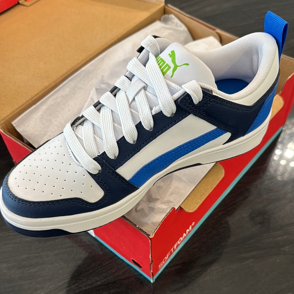 Puma Rebound Layup Lo White and Blue Sneakers